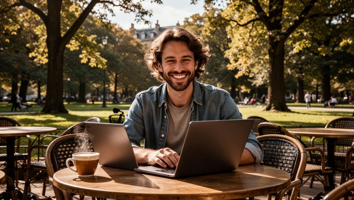 A smiling freelancer works on a laptop at an outdoor cafe table in a scenic park with trees and a nearby coffee cup, bathed in sunny afternoon light with cinematic contrast and depth.