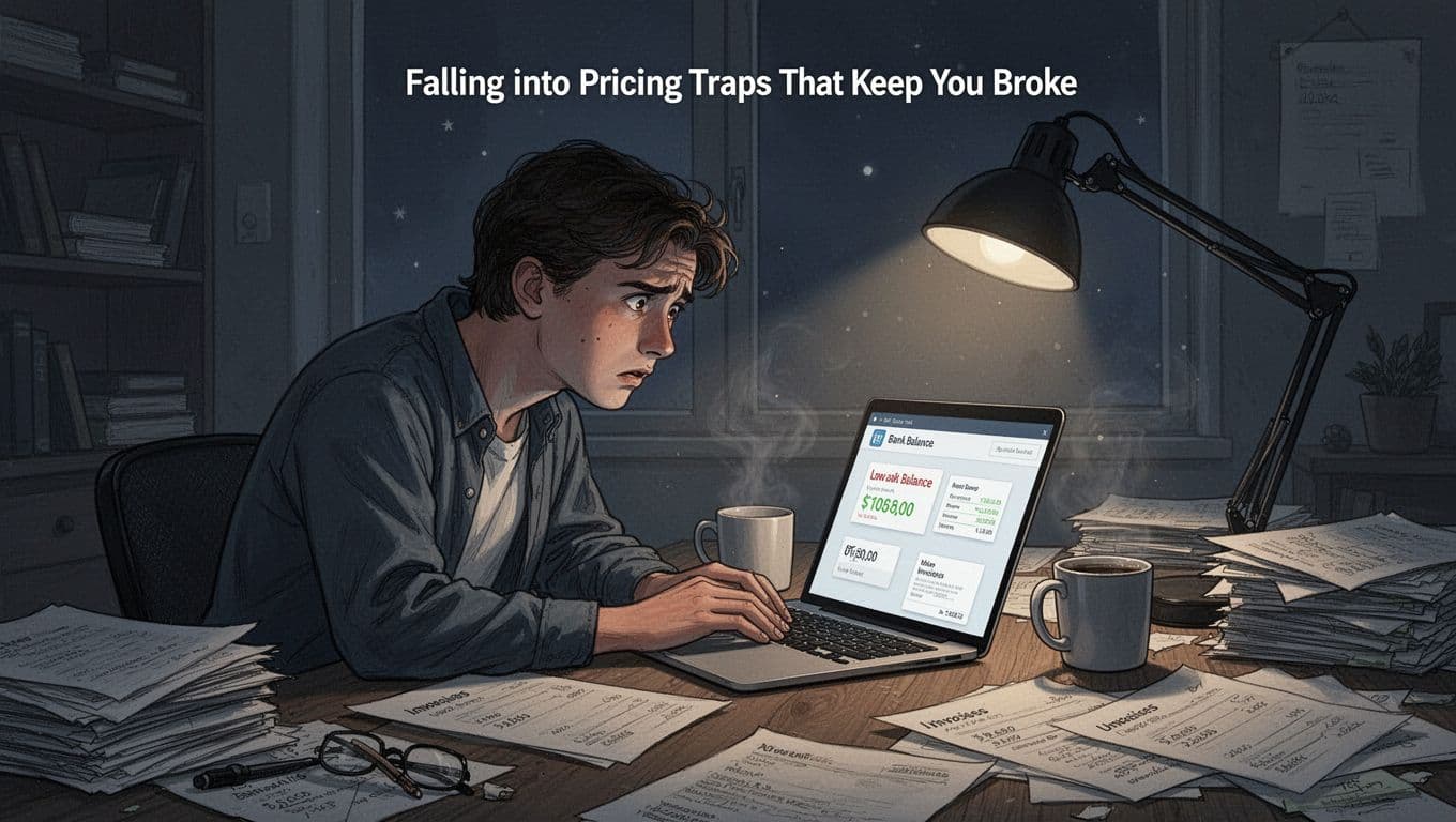 A young freelancer sits at a cluttered desk late at night, stressed by low bank balance and unpaid invoices on laptop screen, in dim cinematic lighting.