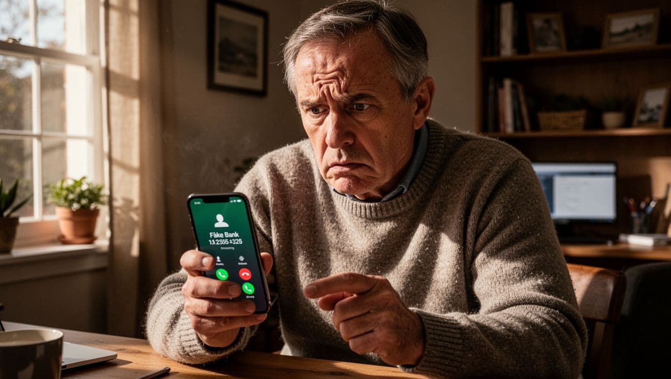 A middle-aged person in a cozy home office looks concerned and suspicious at their smartphone displaying an incoming call from a fake bank number, pausing before answering amid natural window light and dramatic cinematic shadows.