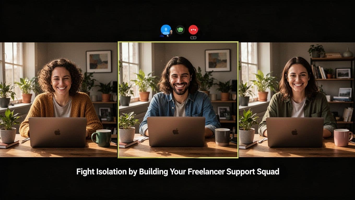 Three smiling freelancers participate in a video call from cozy modern home offices, focused on laptops with plants and coffee mugs, cinematic style with warm natural lighting.