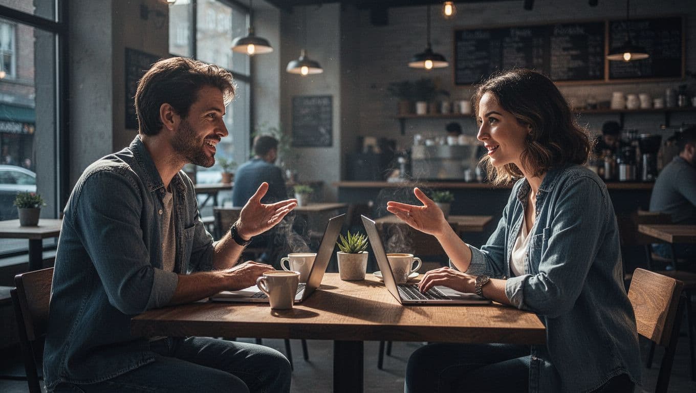 Two professionals in a casual coffee shop networking over laptops and coffee, engaged in conversation with warm ambient light, cinematic style, strong contrast, and desaturated muted blues and grays.