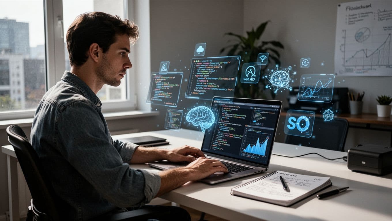 A focused freelancer seated at a desk in a bright modern home office, with an open laptop showing subtle abstract icons of code snippets, web design, AI neural networks, charts, and SEO graphs floating around. Hands relaxed on the keyboard, notebook with notes nearby, cinematic style with dramatic side lighting and high detail realism.